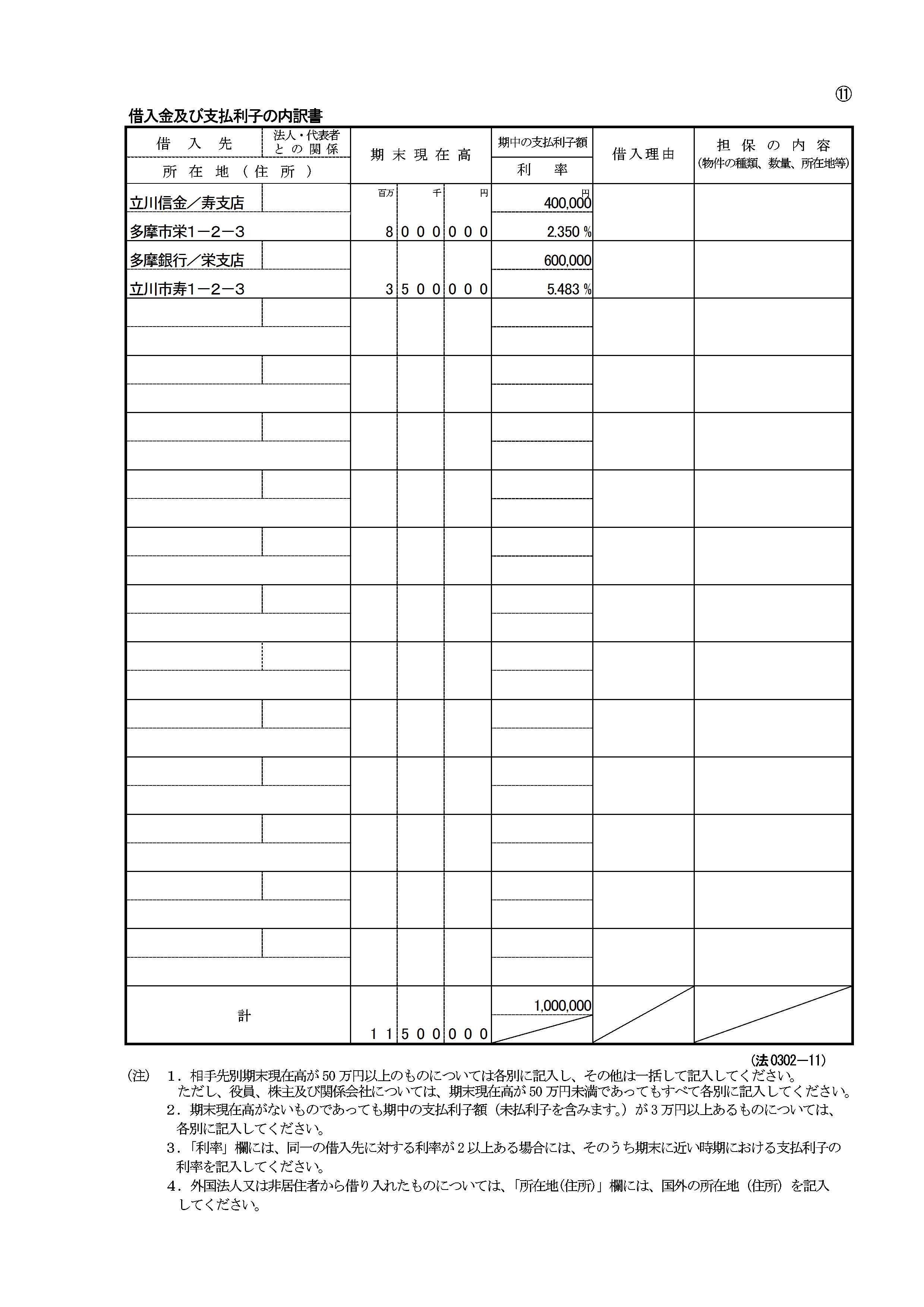 法人税申告書 内訳書11 サンプルイメージ